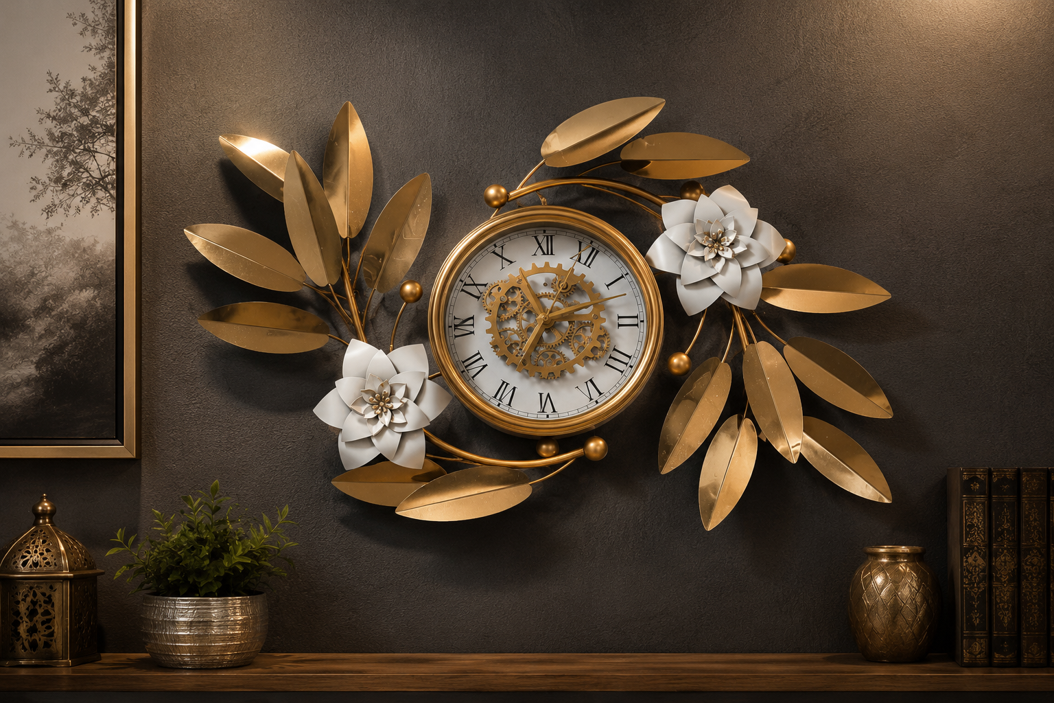 Luxury Gold Floral Wall Clock | Modern Silent Decorative Metal Wall Clock