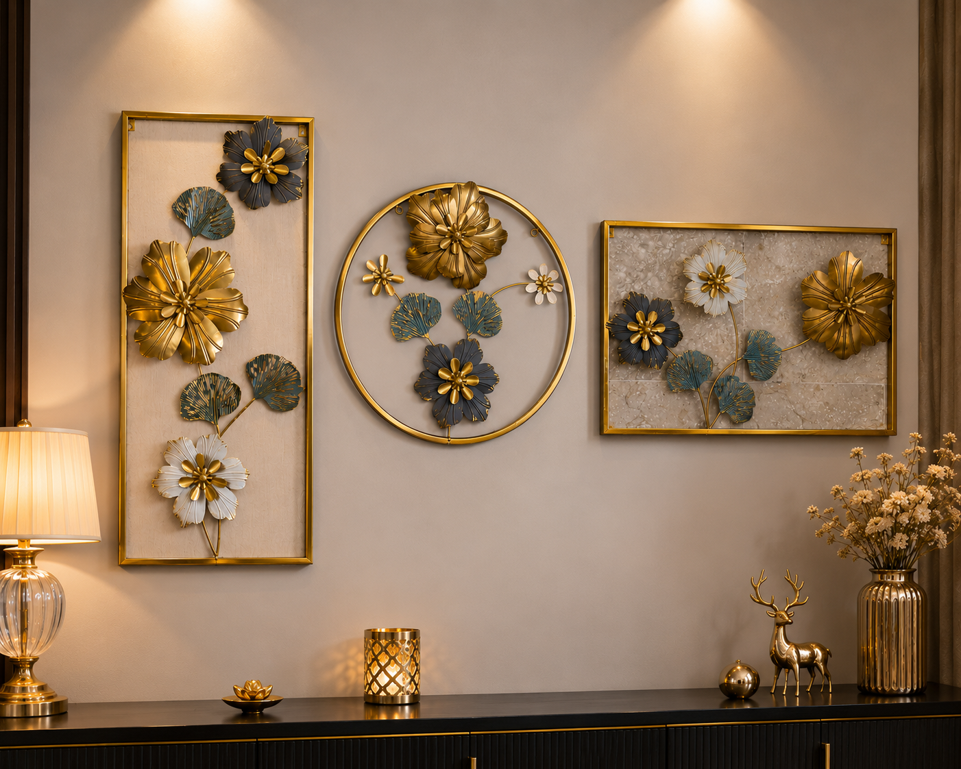 Luxury 3-Piece Metal Floral Wall Art Set | Modern Gold Wall Decor