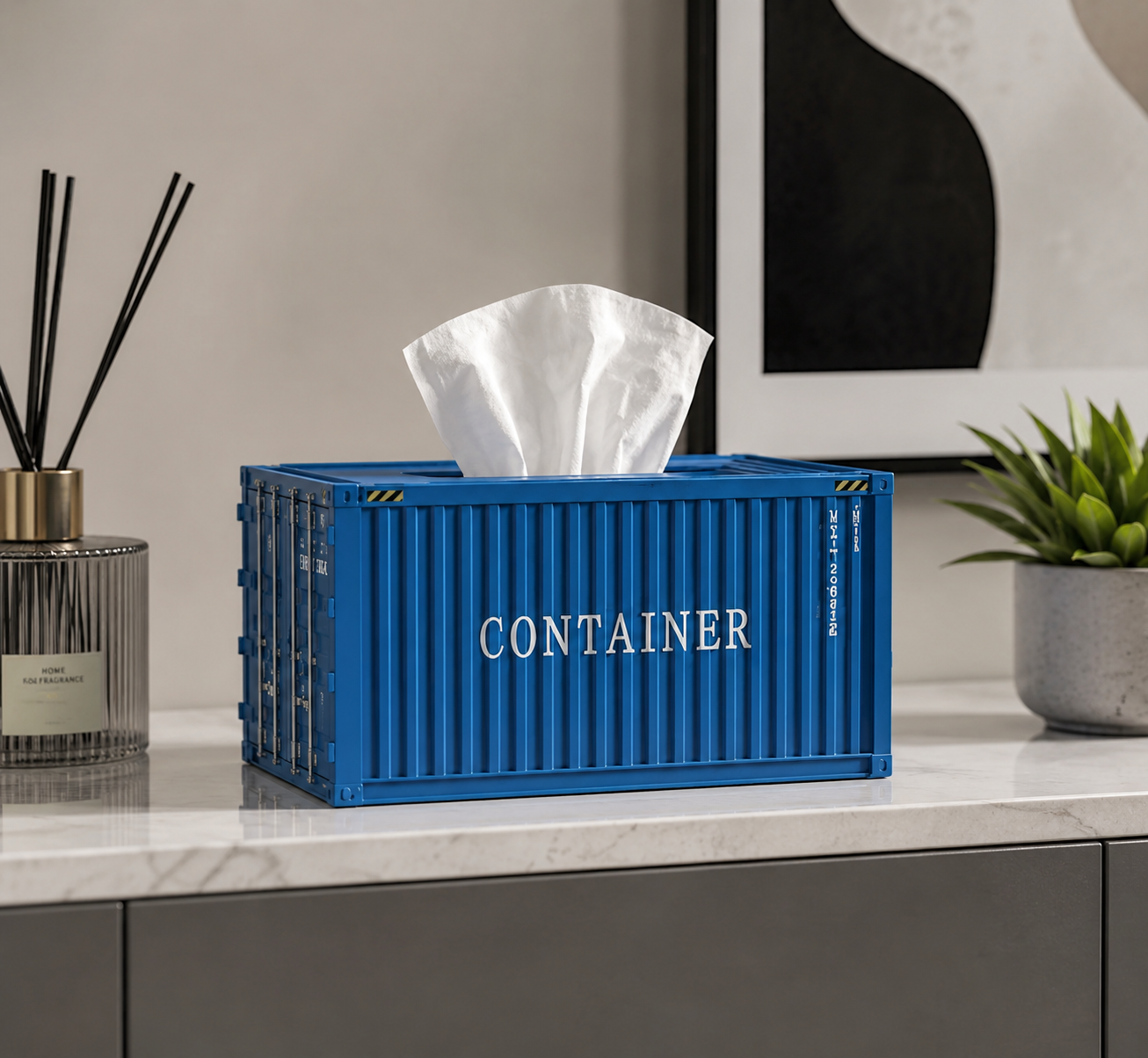 Metal blue cargo shipping container design tissue box