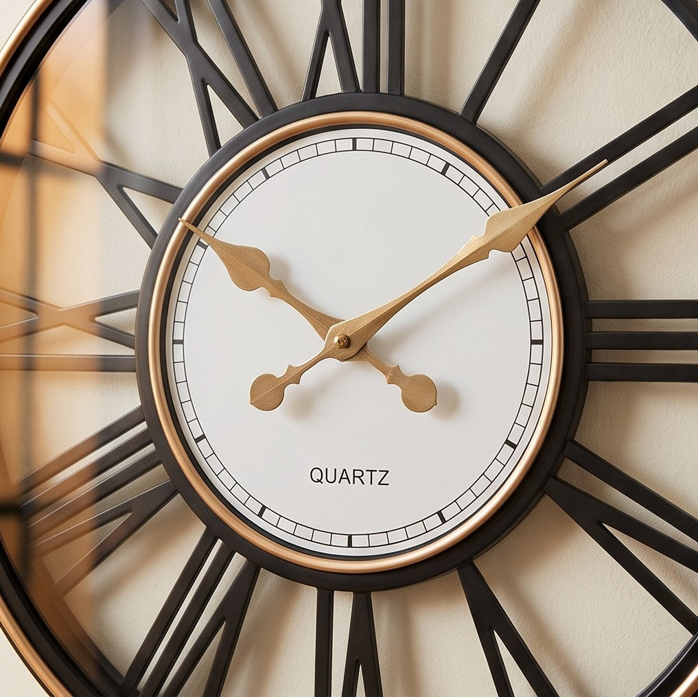 Luxury Black & Rose Gold Roman Numeral Wall Clock – Modern Oversized Decorative Quartz Clock