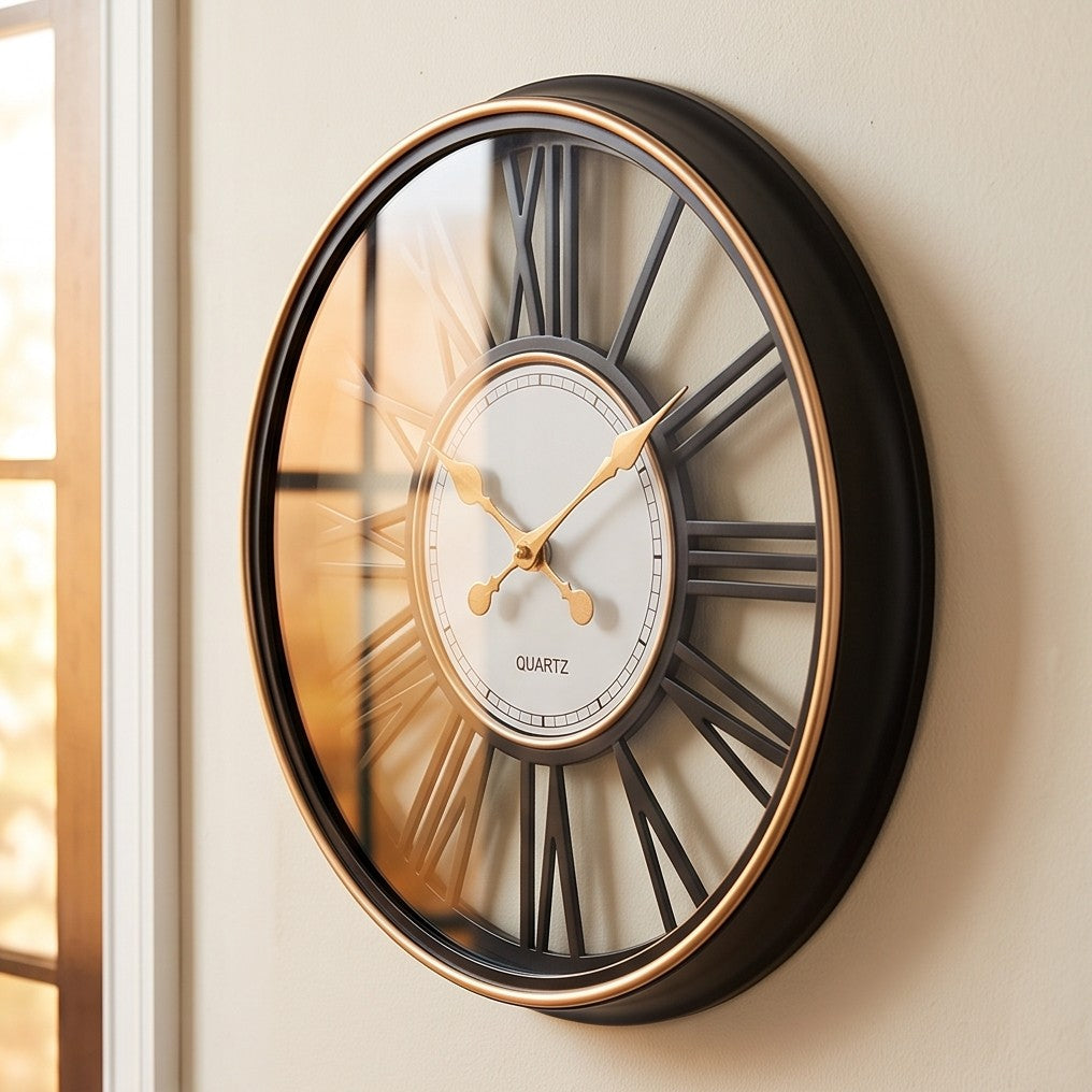 Luxury Black & Rose Gold Roman Numeral Wall Clock – Modern Oversized Decorative Quartz Clock