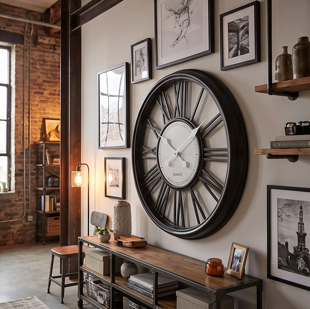 Modern Black & White Roman Numeral Wall Clock – Large Decorative Metal Clock