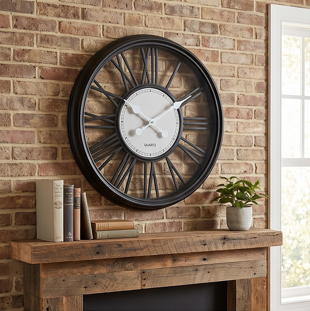 Modern Black & White Roman Numeral Wall Clock – Large Decorative Metal Clock