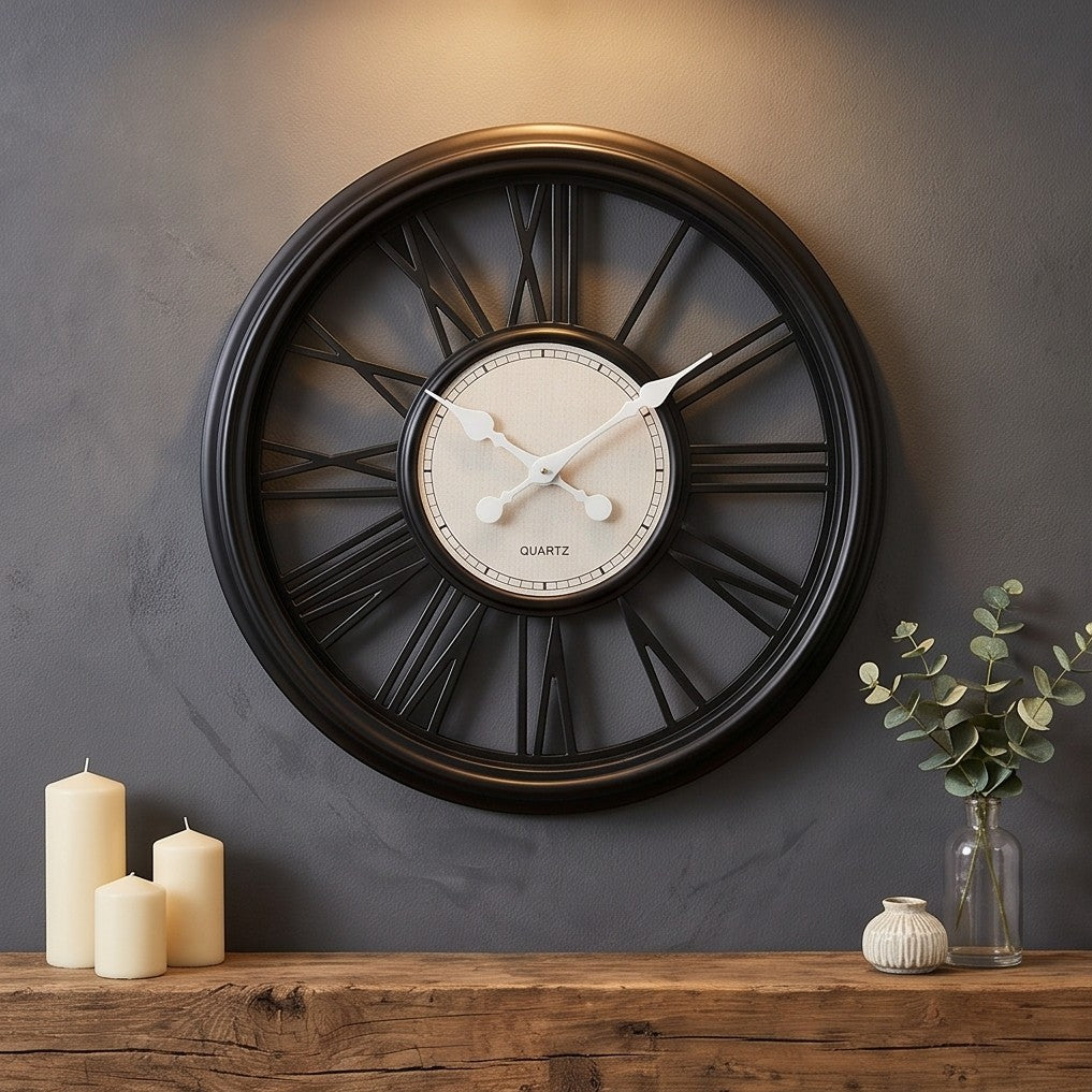 Modern Black & White Roman Numeral Wall Clock – Large Decorative Metal Clock