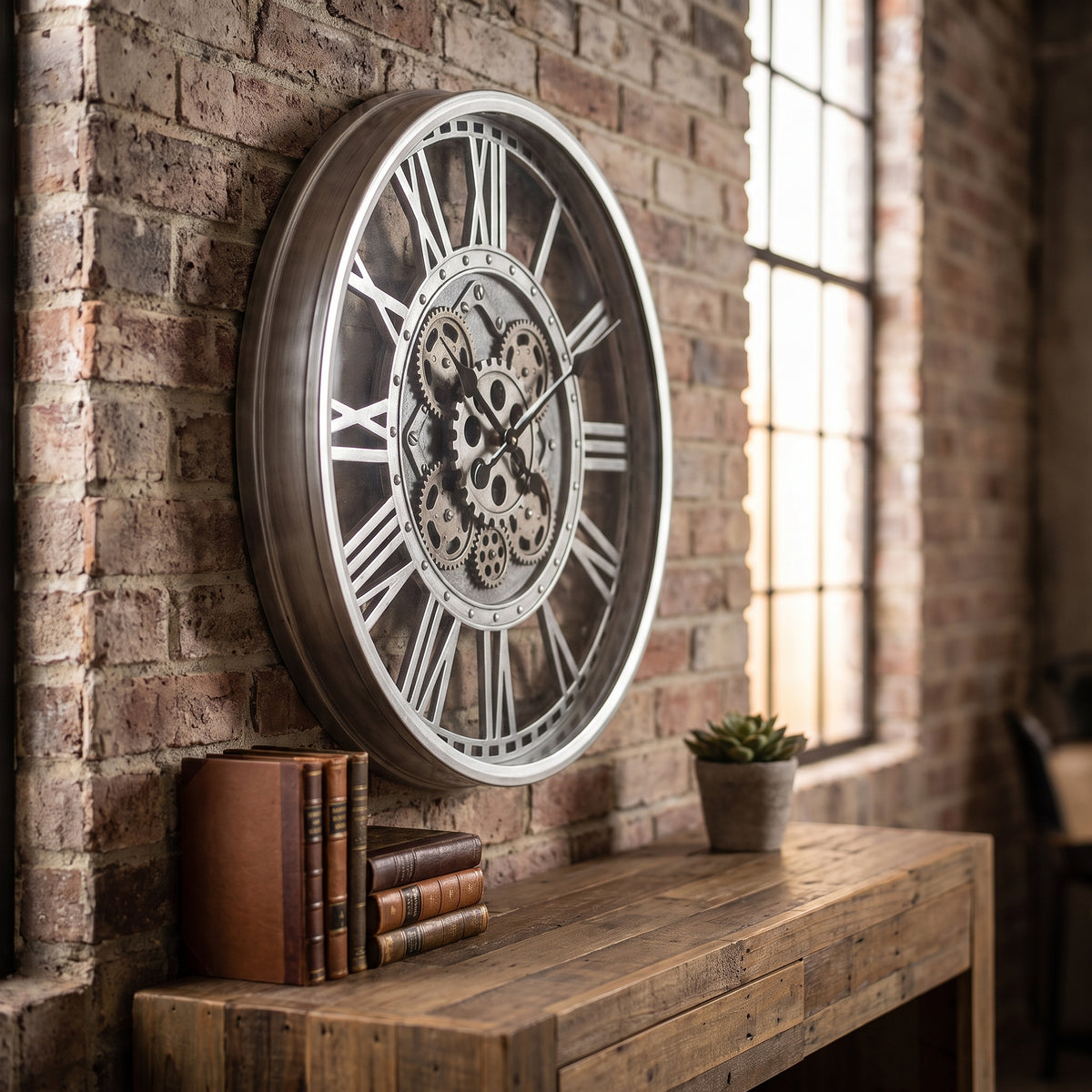 Vintage Silver Gear Wall Clock – Large Roman Numeral Industrial Decorative Clock