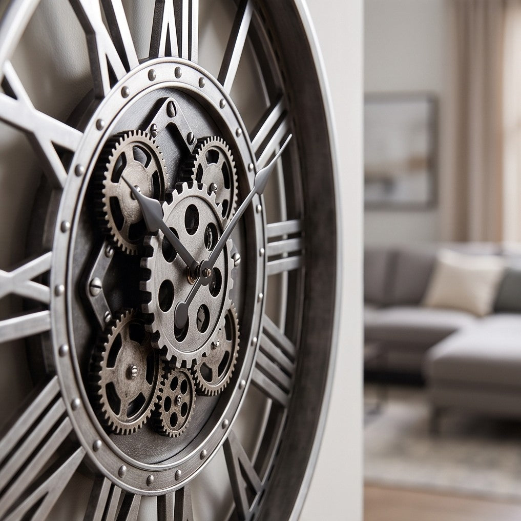Vintage Silver Gear Wall Clock – Large Roman Numeral Industrial Decorative Clock