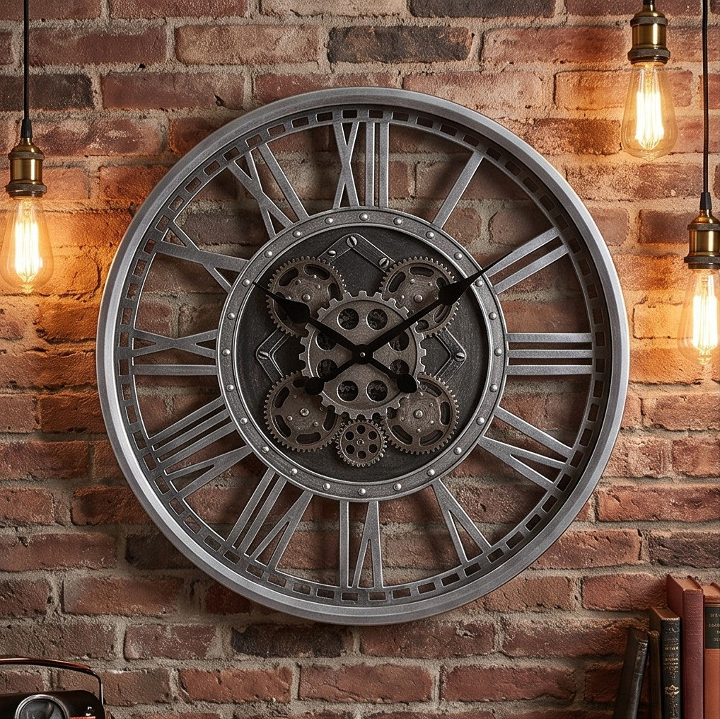 Vintage Silver Gear Wall Clock – Large Roman Numeral Industrial Decorative Clock