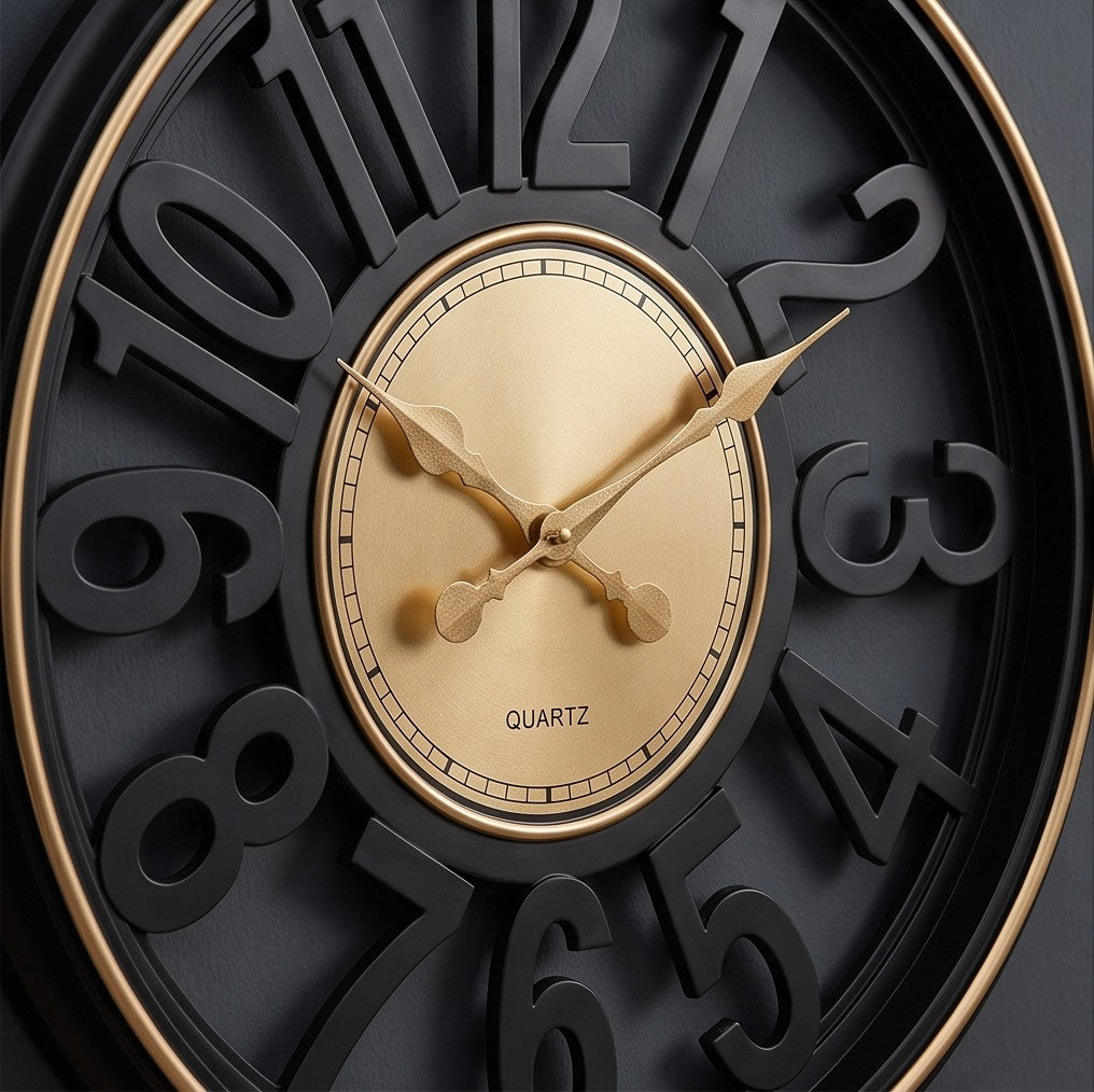 Luxury Black & Gold Wall Clock – Modern 3D Oversized Number Decorative Clock