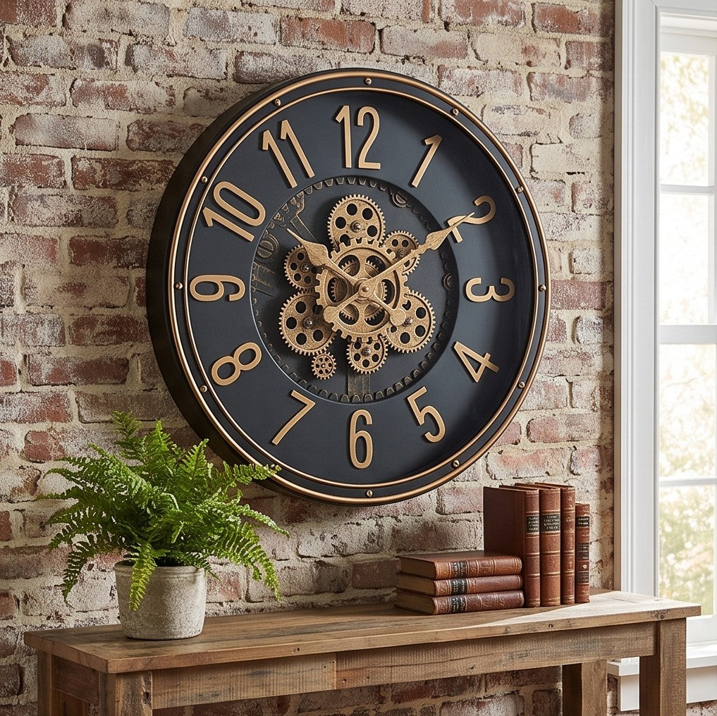 Vintage Gold Gear Wall Clock – Luxury Industrial Roman Numeral Decorative Clock