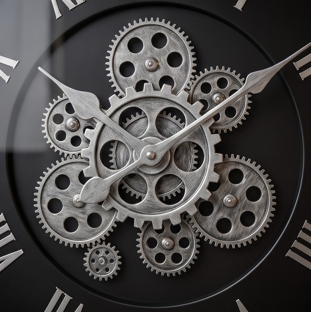 Luxury Black & Silver Skeleton Gear Wall Clock – Roman Numeral Design