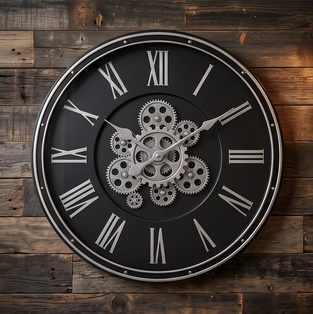 Luxury Black & Silver Skeleton Gear Wall Clock – Roman Numeral Design
