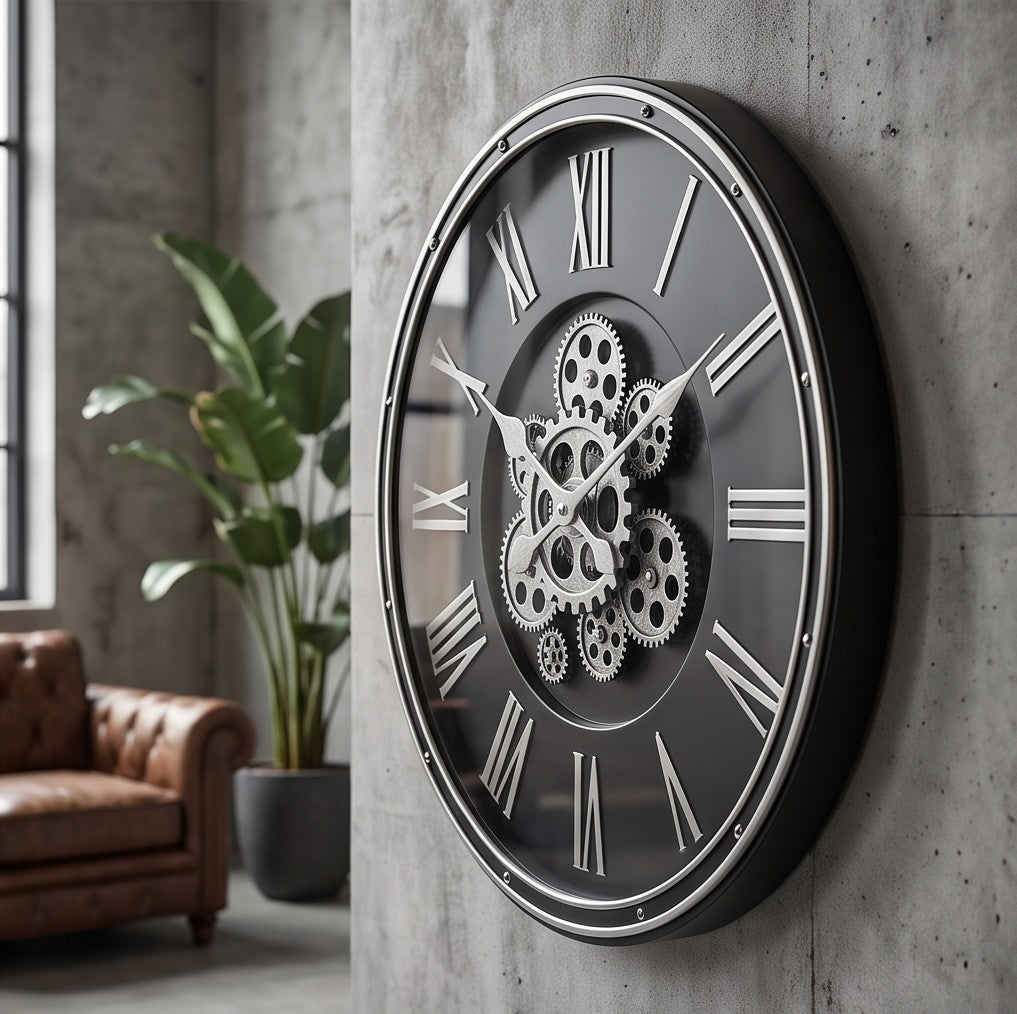Luxury Black & Silver Skeleton Gear Wall Clock – Roman Numeral Design