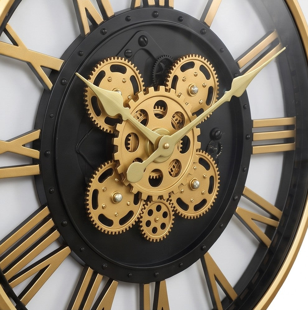 Luxury Black & Gold Skeleton Gear Wall Clock – Roman Numeral Design
