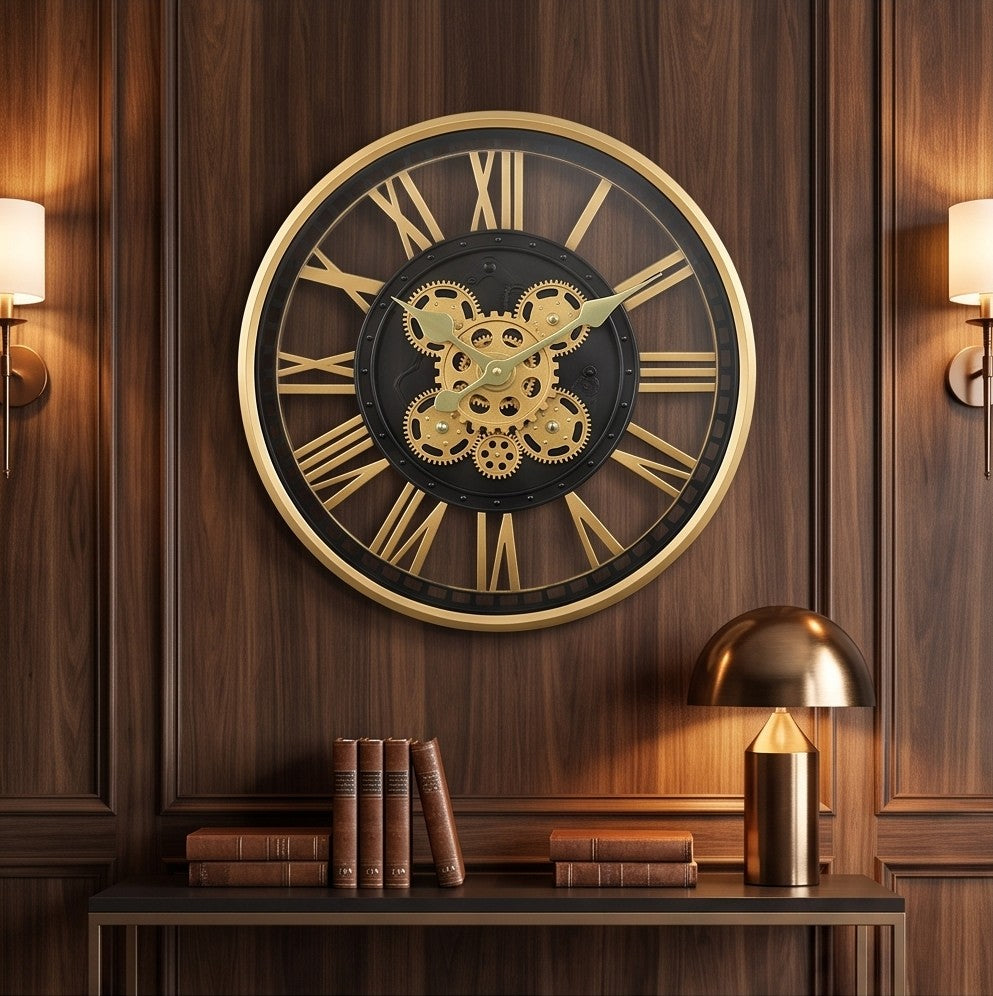 Luxury Black & Gold Skeleton Gear Wall Clock – Roman Numeral Design
