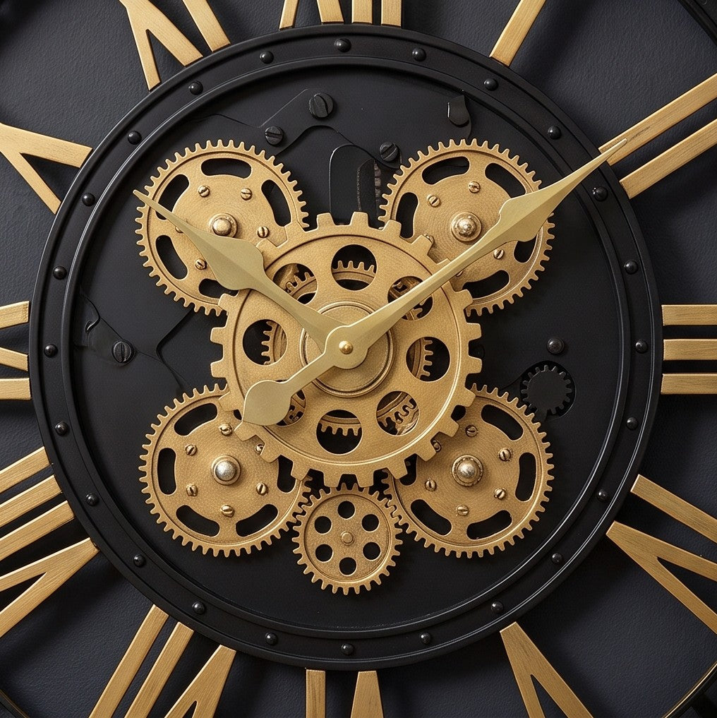 Luxury Black & Gold Skeleton Gear Wall Clock – Roman Numeral Design
