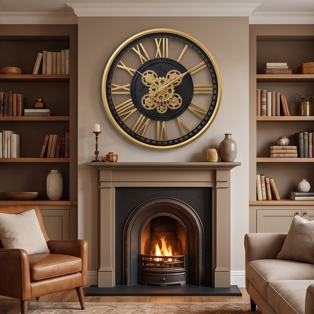 Luxury Black & Gold Skeleton Gear Wall Clock – Roman Numeral Design