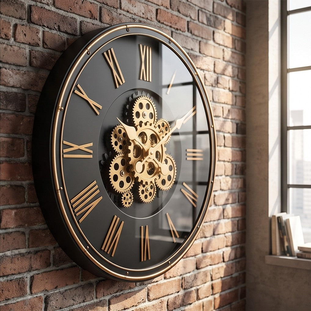 Luxury Black & Gold Gear Wall Clock – Modern Roman Numeral Design
