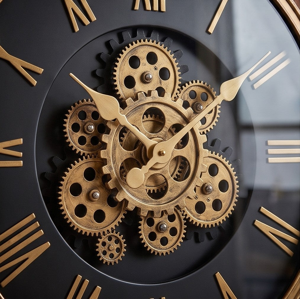 Luxury Black & Gold Gear Wall Clock – Roman Numeral Statement Clock