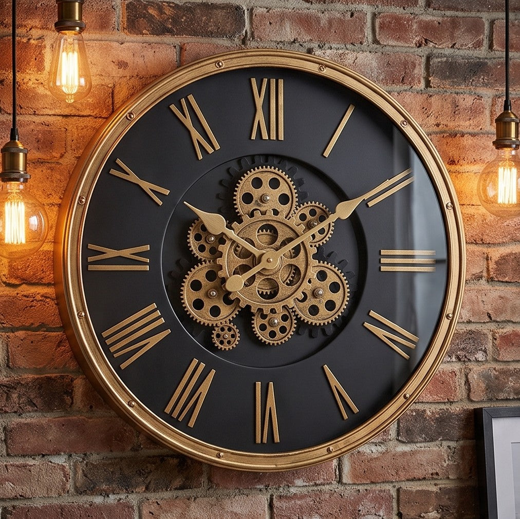 Luxury Black & Gold Gear Wall Clock – Roman Numeral Statement Clock