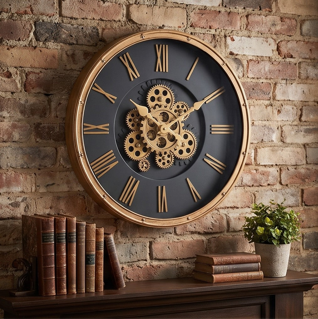 Luxury Black & Gold Gear Wall Clock – Roman Numeral Statement Clock