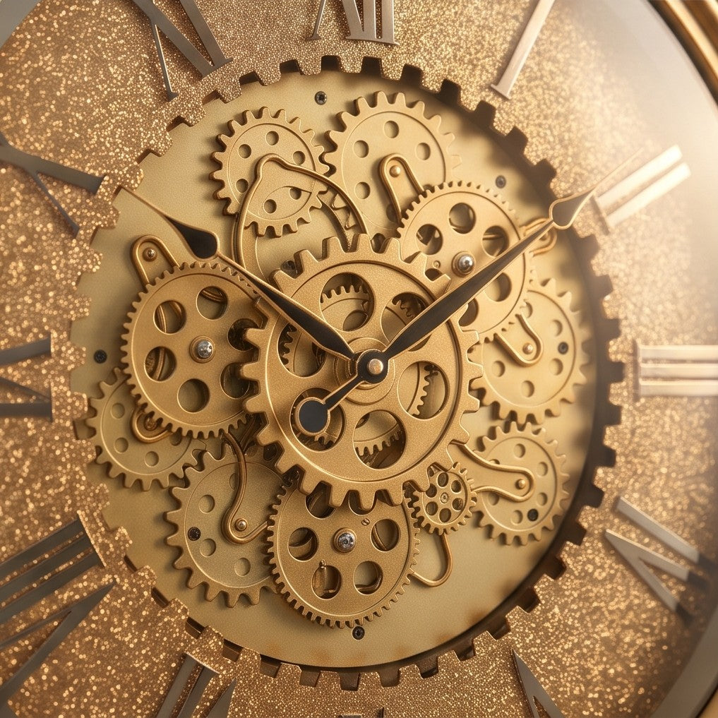 Luxury Gold Gear Wall Clock – Large Roman Numeral Decorative Clock
