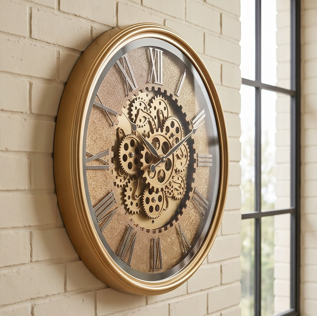 Luxury Gold Gear Wall Clock – Large Roman Numeral Decorative Clock