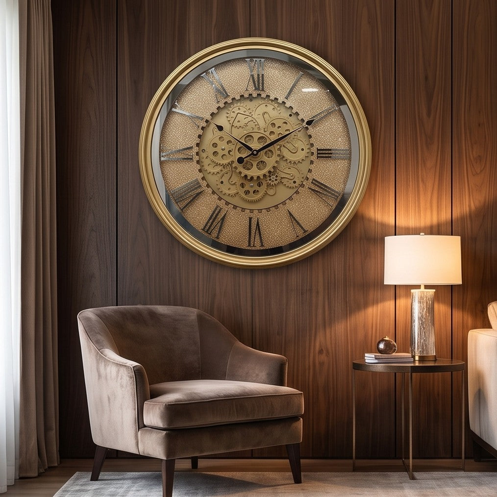 Luxury Gold Gear Wall Clock – Large Roman Numeral Decorative Clock