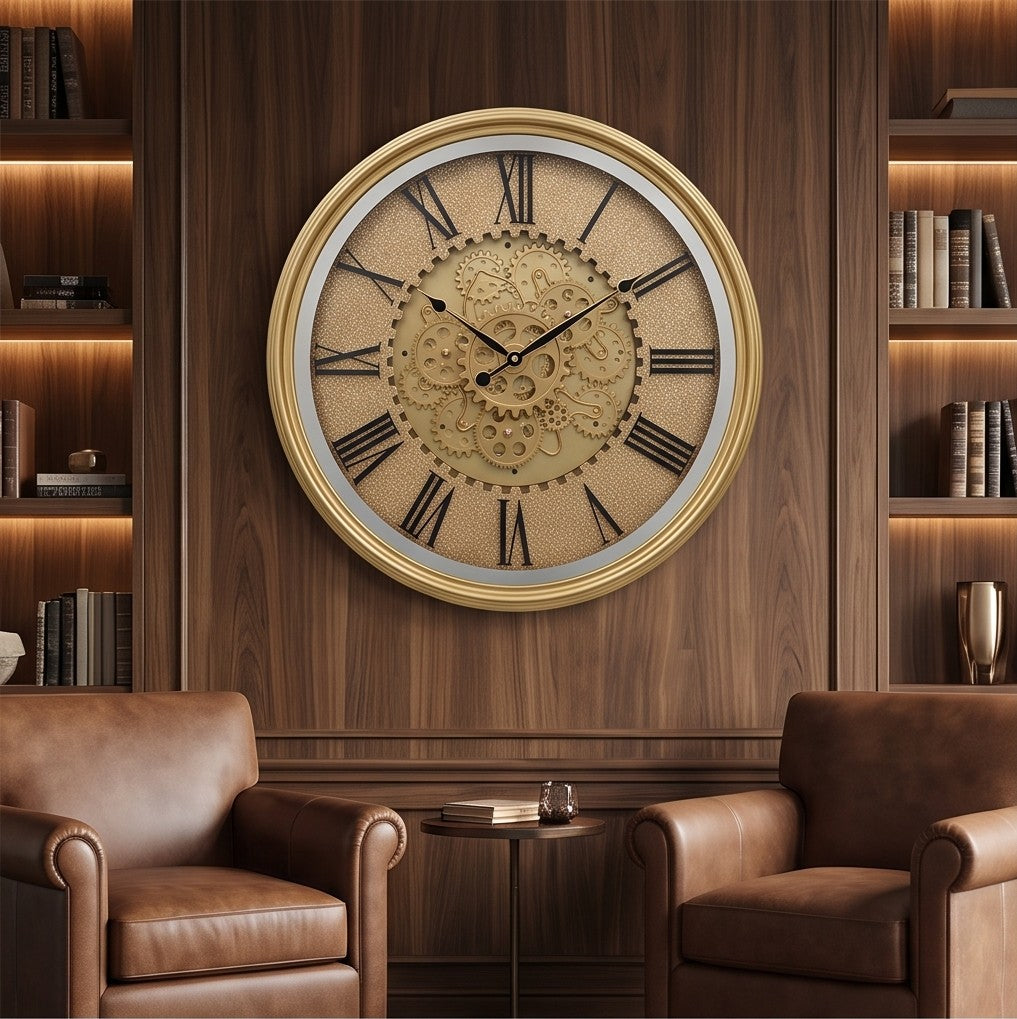 Luxury Gold Gear Wall Clock – Large Roman Numeral Decorative Clock