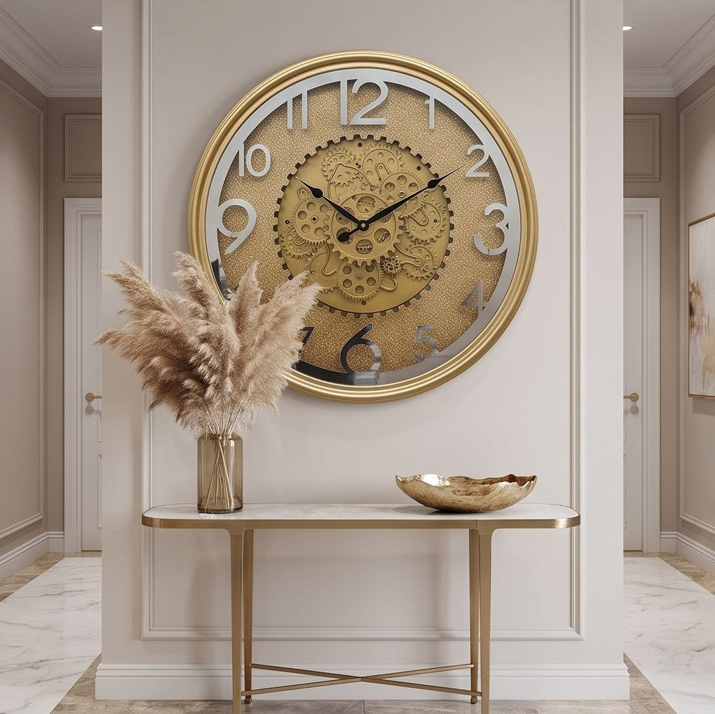 Luxury Gold Gear Wall Clock – Premium 3D Roman Numeral Decorative Clock