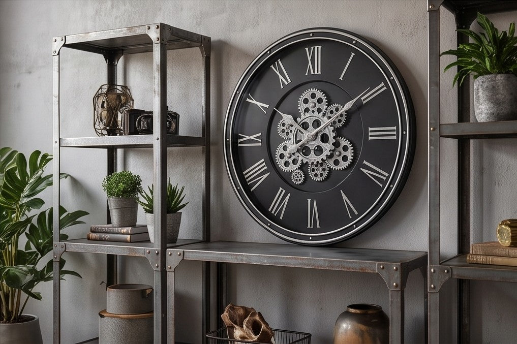 Luxury Black & Silver Skeleton Gear Wall Clock – Roman Numeral Design