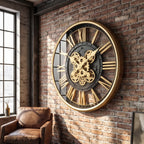 Luxury Black & Gold Skeleton Gear Wall Clock – Roman Numeral Design