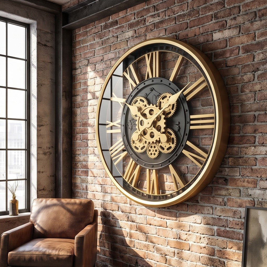 Luxury Black & Gold Skeleton Gear Wall Clock – Roman Numeral Design