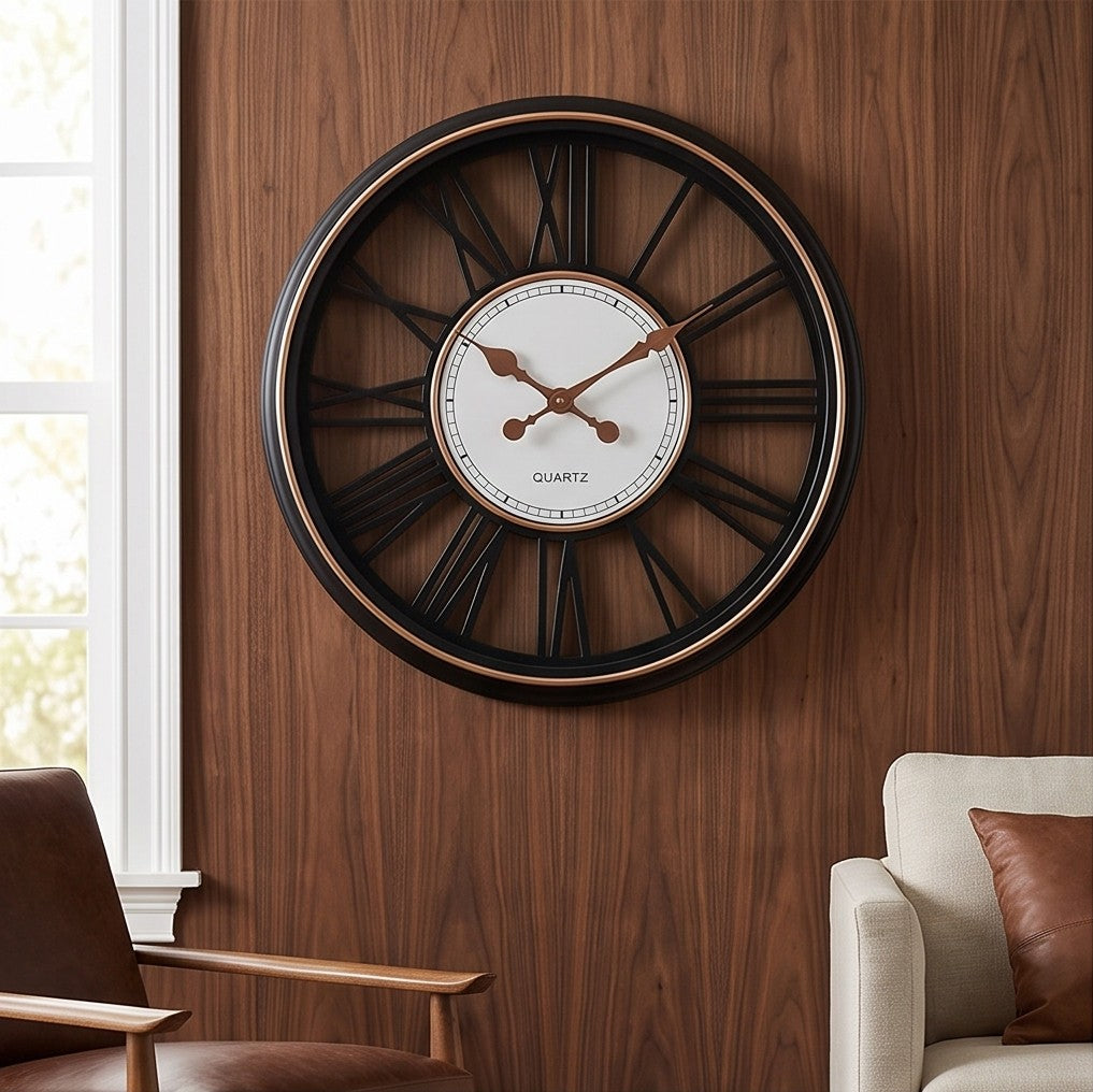Luxury Black & Rose Gold Roman Numeral Wall Clock – Modern Oversized Decorative Quartz Clock