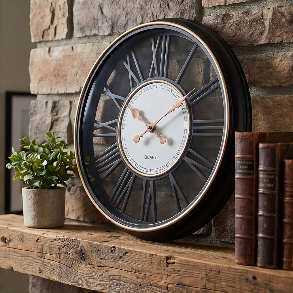 Luxury Black & Rose Gold Roman Numeral Wall Clock – Modern Oversized Decorative Quartz Clock