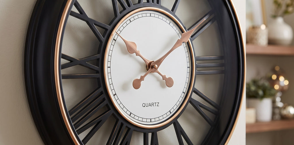 Luxury Black & Rose Gold Roman Numeral Wall Clock – Modern Oversized Decorative Quartz Clock