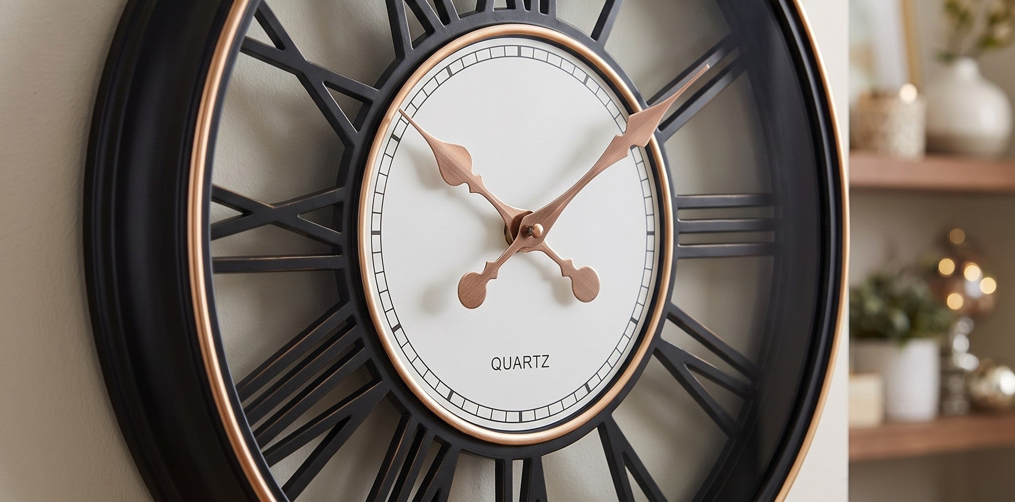 Luxury Black & Rose Gold Roman Numeral Wall Clock – Modern Oversized Decorative Quartz Clock