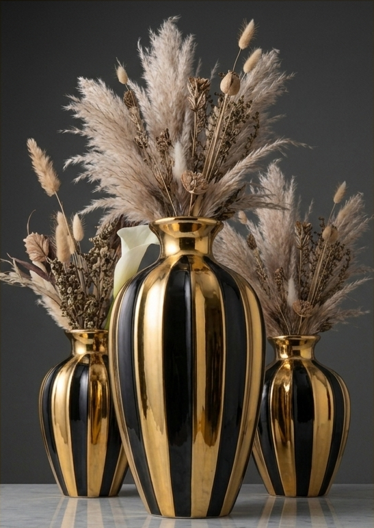 Modern Black and Gold Striped Ceramic Vase Set