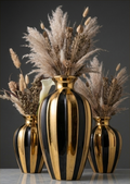 Modern Black and Gold Striped Ceramic Vase Set