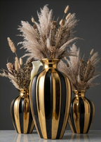 Modern Black and Gold Striped Ceramic Vase Set