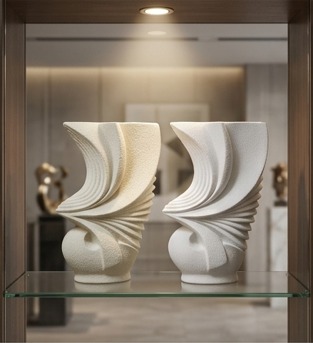 Next beige and white pleated ceramic vases