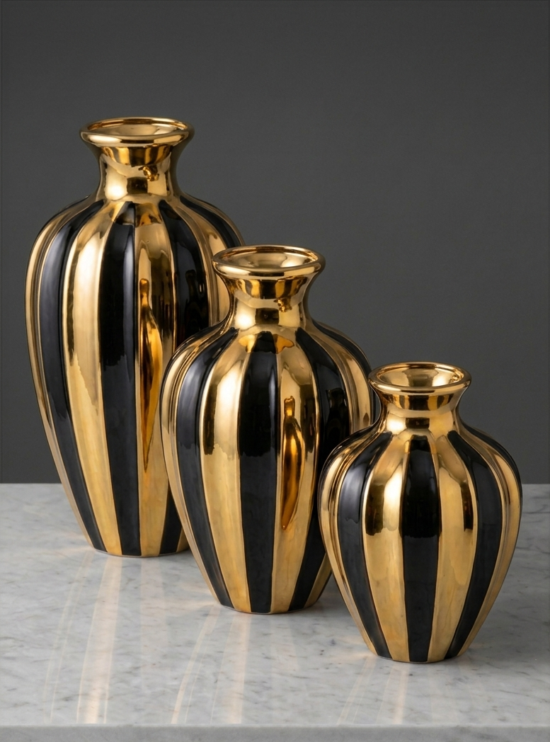 Modern Black and Gold Striped Ceramic Vase Set