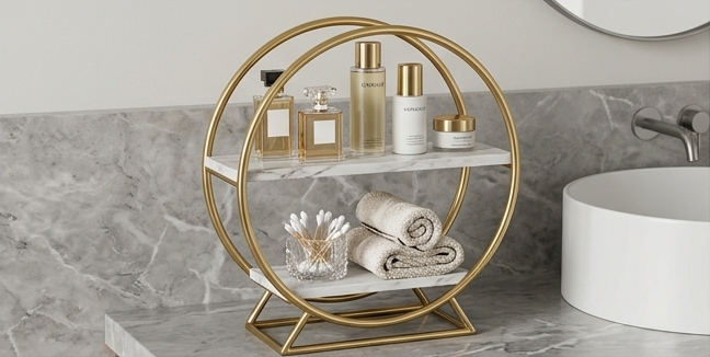 Gold-plated, two-tier bathroom organizer