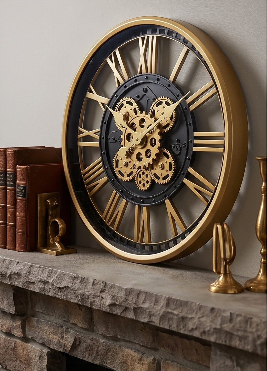 Luxury Black & Gold Skeleton Gear Wall Clock – Roman Numeral Design