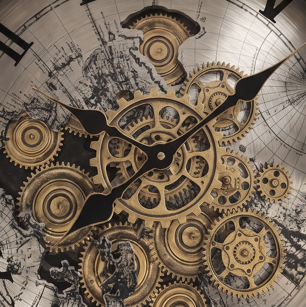 Steampunk Gear Clock Accent Table – Round Side Table with Marble Shelf