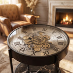 Steampunk Gear Clock Accent Table – Round Side Table with Marble Shelf
