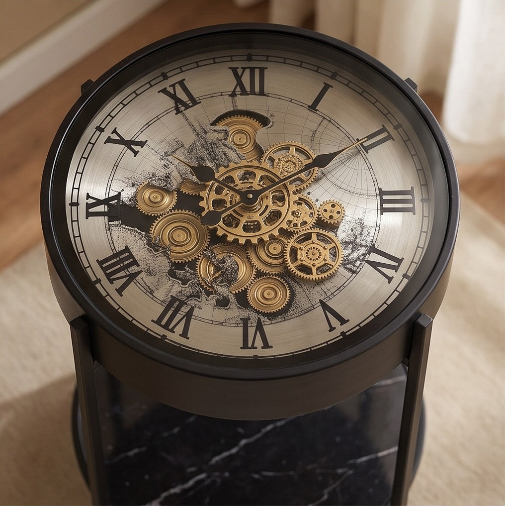 Steampunk Gear Clock Accent Table – Round Side Table with Marble Shelf