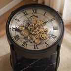 Steampunk Gear Clock Accent Table – Round Side Table with Marble Shelf