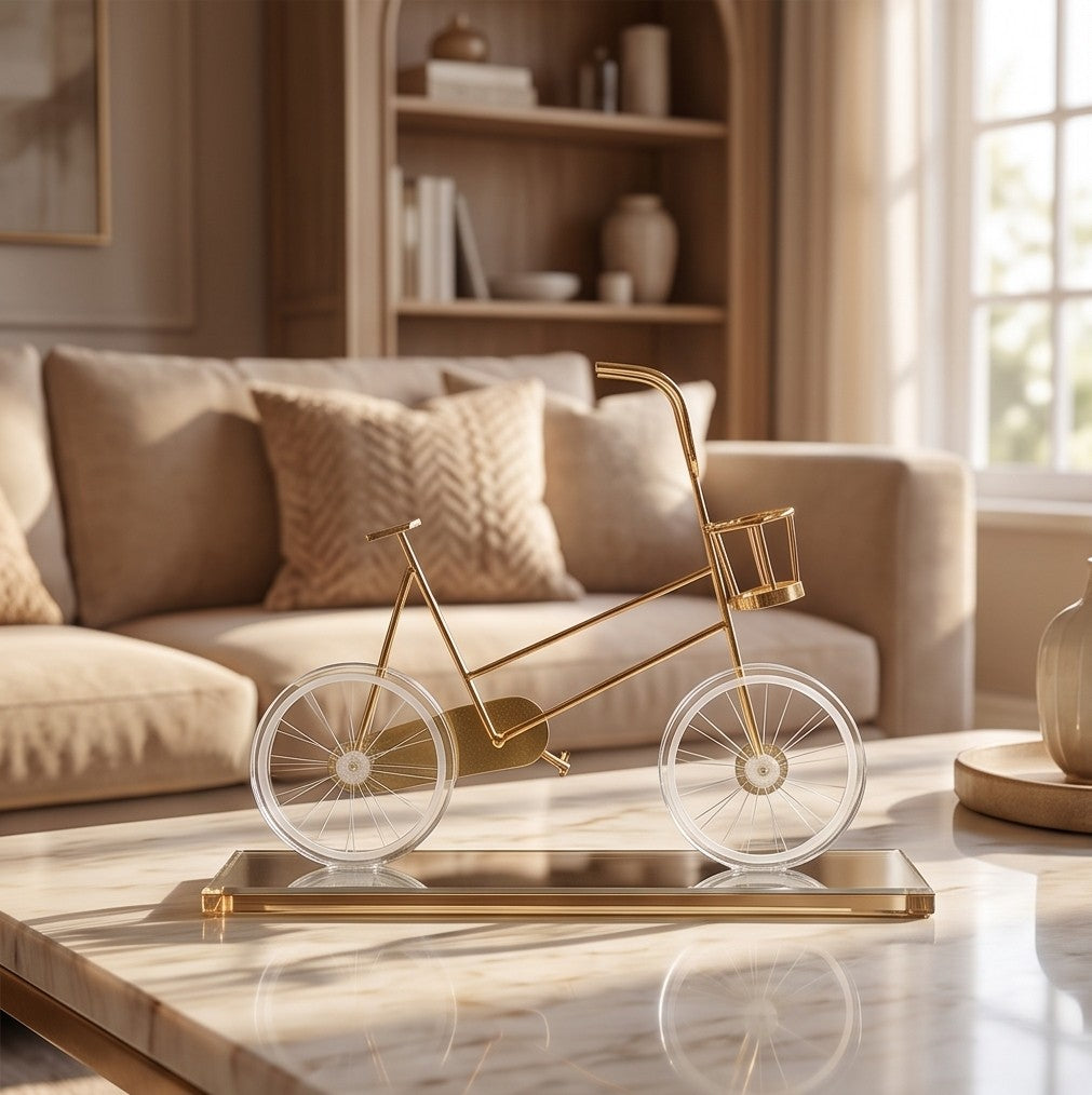 Golden Vintage Bicycle Showpiece with Crystal Wheels – Decorative Table Accent