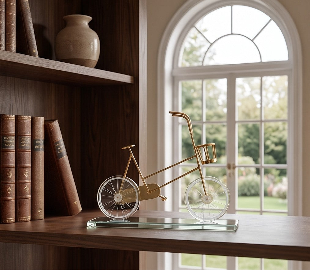 Golden Vintage Bicycle Showpiece with Crystal Wheels – Decorative Table Accent
