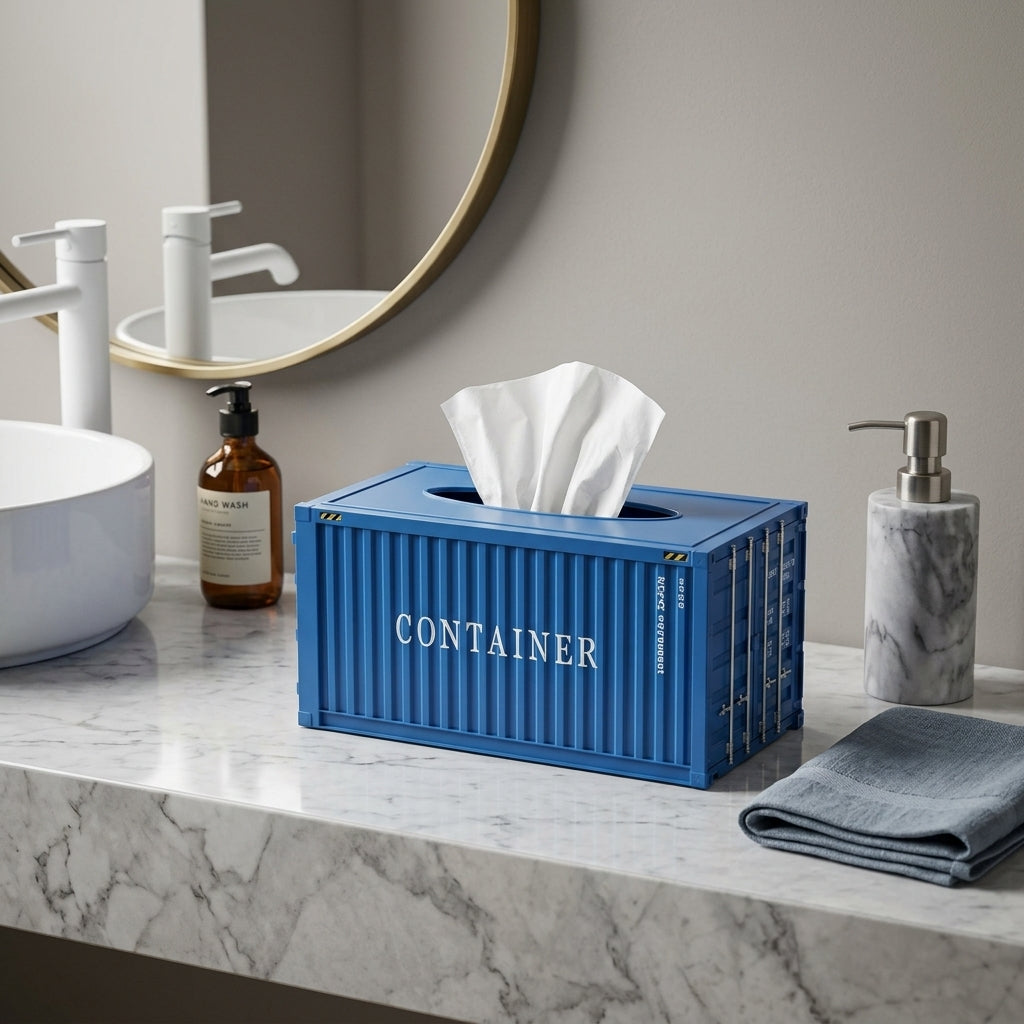 Metal blue cargo shipping container design tissue box